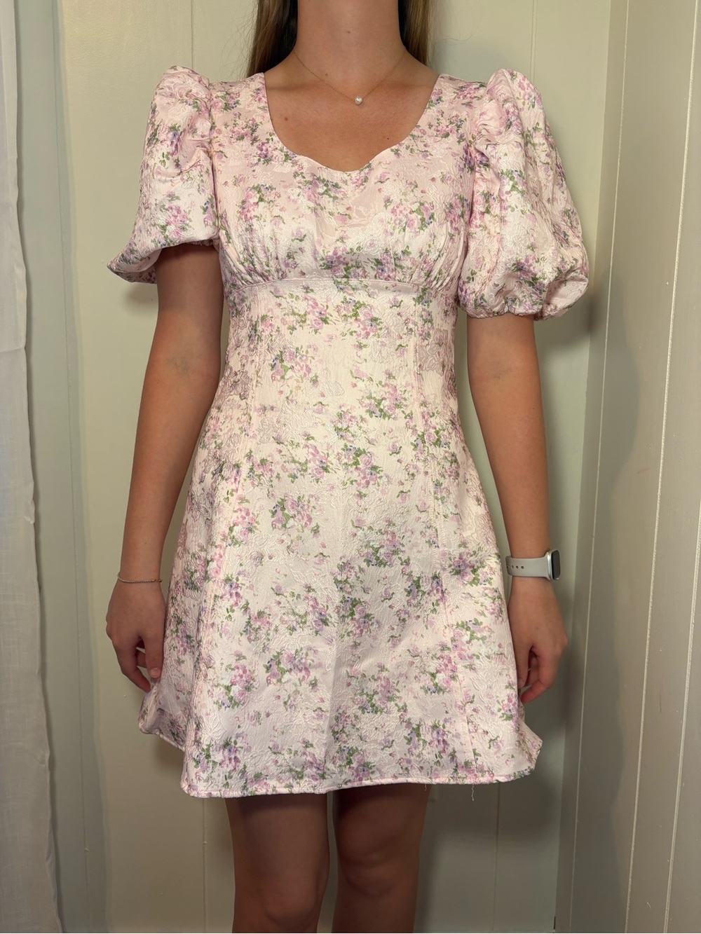 Pastel Pink Floral Puff-Sleeve Mini Dress